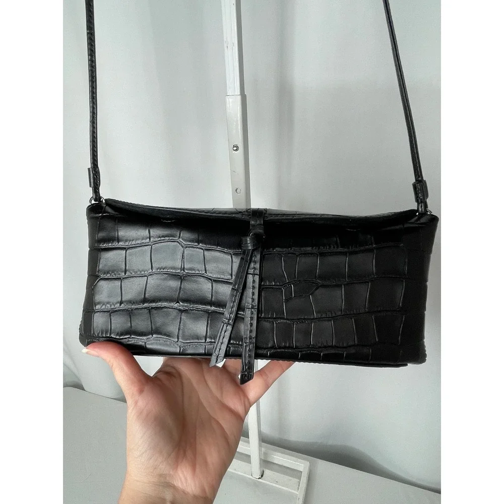 Staud Felix Shoulder Bag Womens Small Black Excellent Croc Embossed Leather